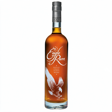 A bottle of Eagle Rare Kentucky Straight Bourbon Whiskey with amber liquid, a silver cap, and a white eagle graphic on a clean white background.
