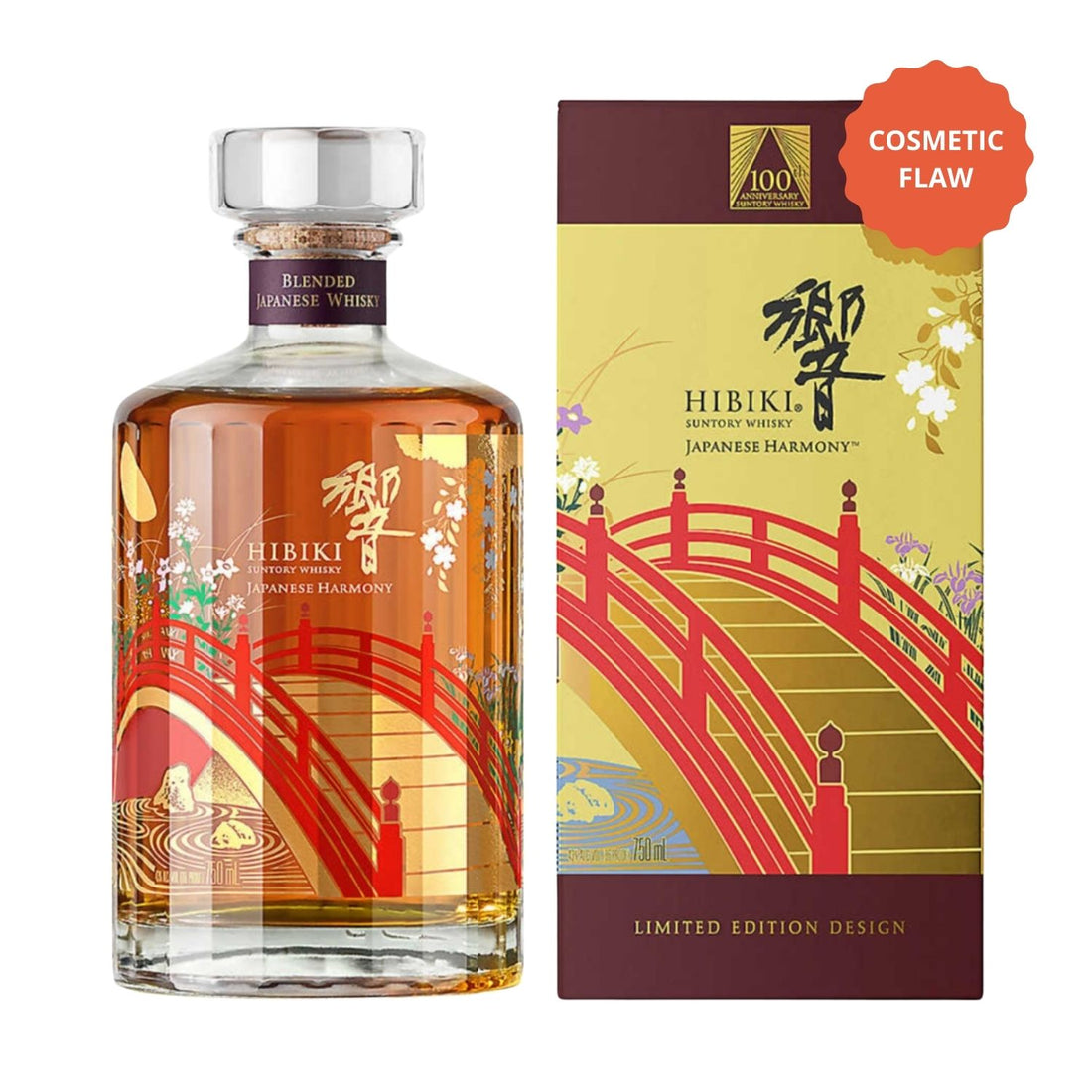 Hibiki Harmony 100th Anniversary Edition Japanese Whisky 700ml bottle with 24-faceted Setsugekka design, Suntory centennial limited release, Bloopers cosmetic flaw discount bottle
