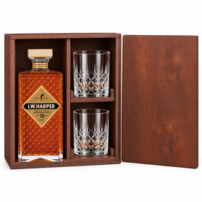 I.W. Harper 15 Year 750ml in a mahogany wooden gift box with two crystal rocks glasses
