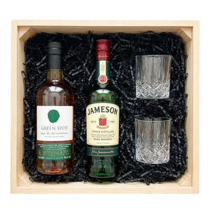 Irish Tasting Duo Gift Crate with Jameson Irish Whiskey, Green Spot Single Pot Still Irish Whiskey, and two crystal-cut Old Fashioned glasses
