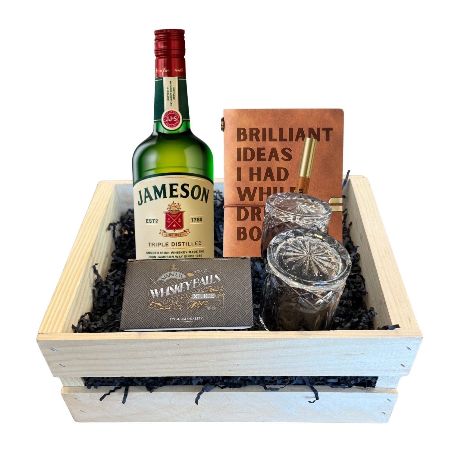 Jameson Irish Whiskey Gift Crate on white background with bottle, glasses, journal, and whiskey balls – classic Irish whiskey gift set from Total Bourbon