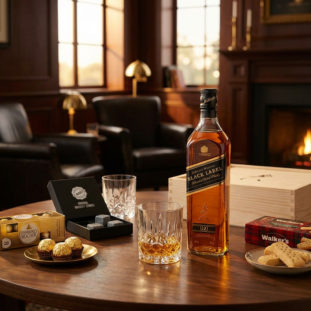 Johnnie Walker Black Label 12 Year Scotch Whisky gift crate lifestyle scene with bottle, crystal cut whiskey glasses with neat pour, Original Whiskey Stones, Ferrero Rocher chocolates, and Walker&