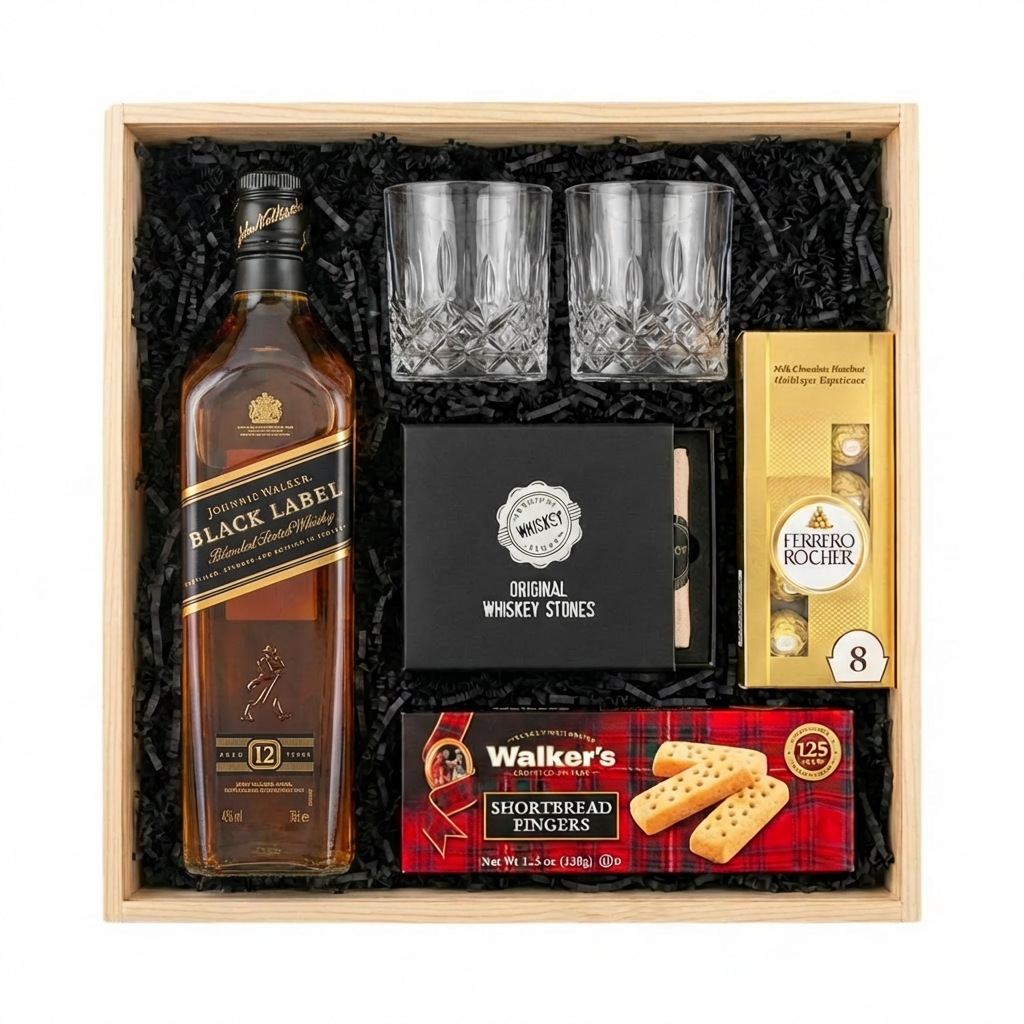 Johnnie Walker Black Label Blended Scotch Whisky 750ml gift crate with crystal-cut old fashioned glasses, premium whiskey stones, Ferrero Rocher chocolates, and Walker&