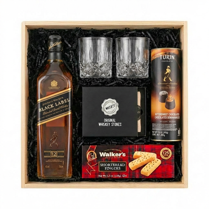 Johnnie Walker Black Label 12 Year Scotch Gift Crate featuring a 750ml bottle, two crystal cut whiskey glasses, Original Whiskey Stones set, Walker&