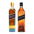 Johnnie Walker Black Label and Blue Label Blended Scotch Whisky bundle featuring both 750ml bottles, 12-year aged Black Label and rare 1-in-10,000 cask Blue Label from Scotland