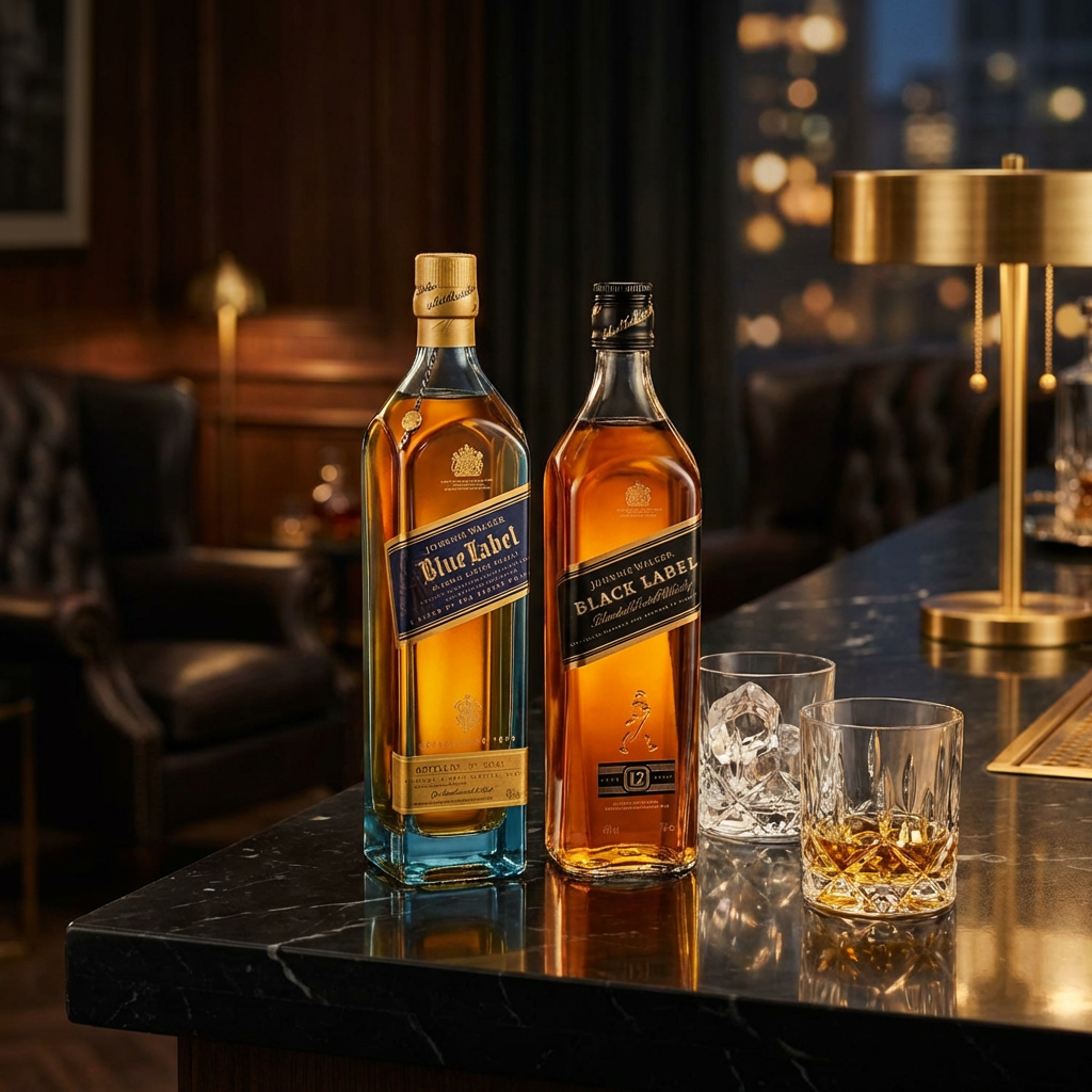 Johnnie Walker Blue Label and Black Label 12 Year Blended Scotch Whisky bundle lifestyle scene featuring both 750ml bottles displayed together with crystal whisky glasses on dark polished surface in upscale lounge setting with warm moody ambient lighting.