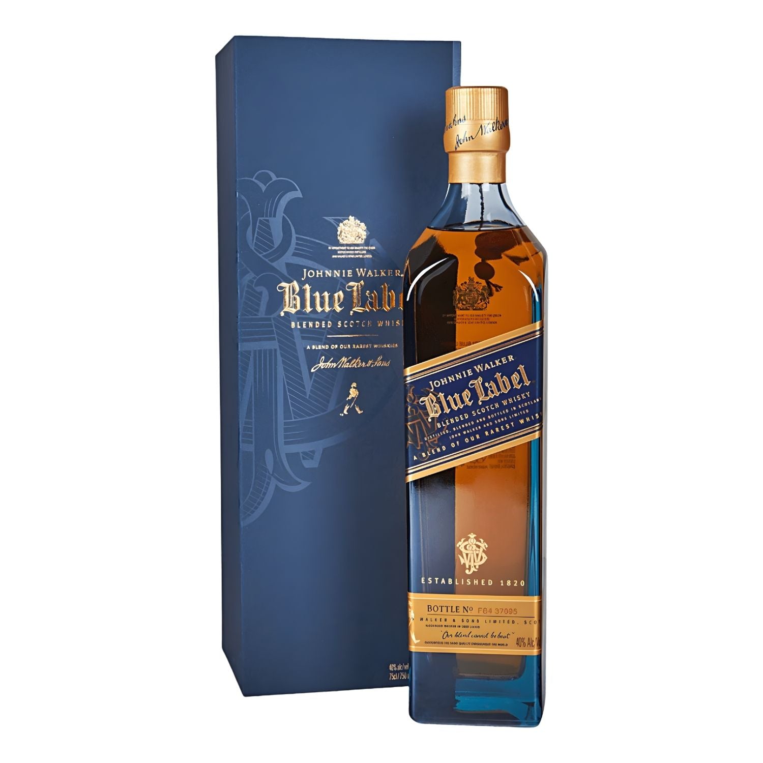 Johnnie Walker Blue Label Blended Scotch Whisky 750ml bottle with iconic blue presentation box, 80 proof rare cask blend from Scotland