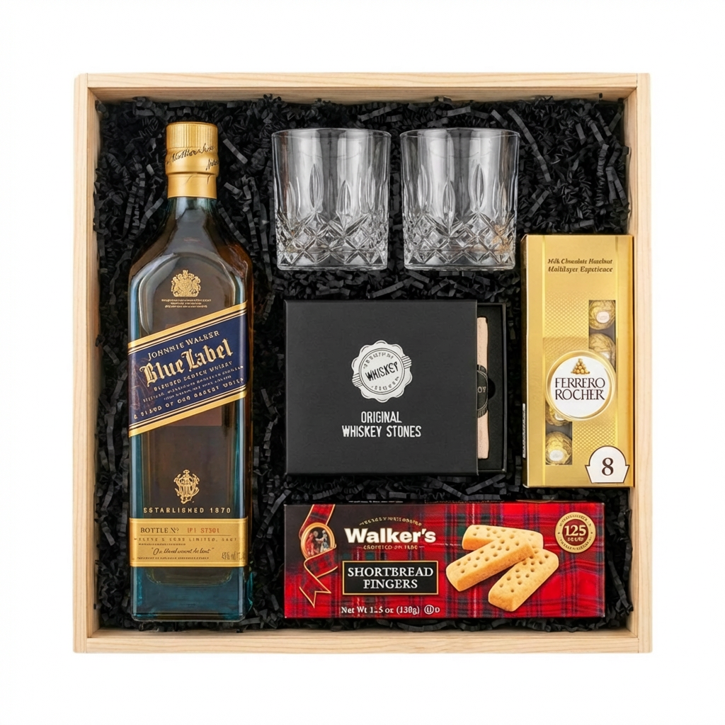 Johnnie Walker Blue Label Blended Scotch Whisky 750ml gift crate with crystal-cut old fashioned glasses, premium whiskey stones, Ferrero Rocher chocolates, and Walker&