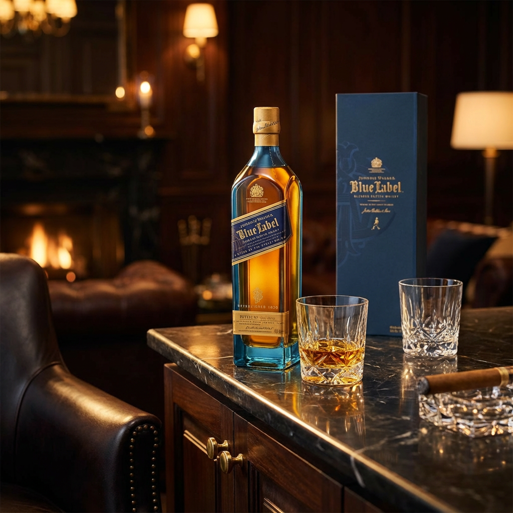 Johnnie Walker Blue Label Blended Scotch Whisky bottle with blue presentation gift box displayed in upscale lounge setting, featuring crystal whisky glass with neat pour of golden amber scotch on dark marble surface with warm ambient lighting.