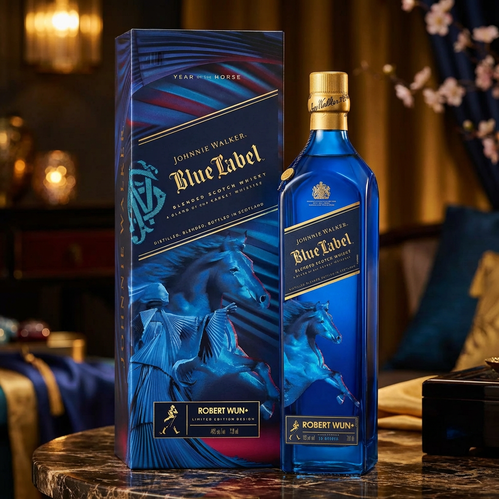 Johnnie Walker Blue Label Year of the Horse Limited Edition Lunar New Year blended Scotch whisky with cobalt blue bottle and matching gift box featuring artistic blue horse illustration, gold cap, and Robert Wun designer collaboration displayed on dark marble surface with elegant moody lighting and warm golden bokeh