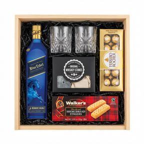 Johnnie Walker Blue Label Year of the Horse Gift Crate with Ferrero Rocher 8-piece chocolates on white background