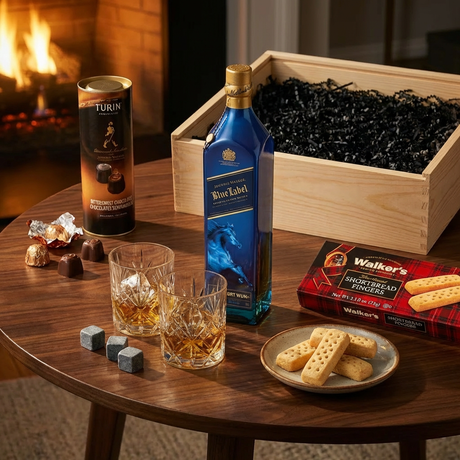 Lifestyle scene of Johnnie Walker Blue Label Year of the Horse limited edition Scotch gift set being enjoyed on an elegant dark wood table with crystal glasses filled with scotch, whiskey stones, Walker's Shortbread Fingers, and Turin chocolates, with the wooden gift crate in the background