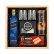 Johnnie Walker Blue Label Year of the Horse Limited Edition Scotch Gift Crate featuring a 750ml commemorative bottle, two crystal cut whiskey glasses, Original Whiskey Stones set, Walker's Shortbread Fingers, and Turin Johnnie Walker Bittersweet Chocolates tube, arranged in a light wooden gift box with black crinkle paper
