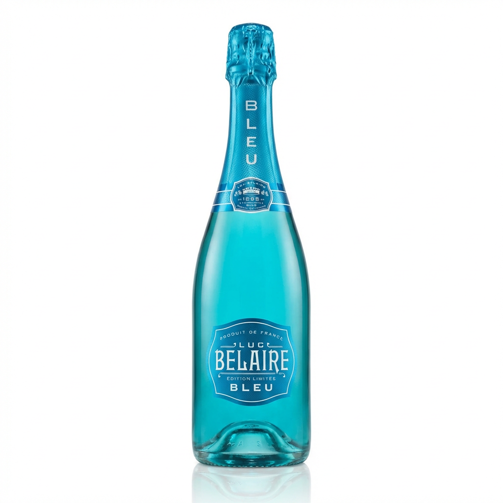 Luc Belaire Bleu Édition Limitée sparkling wine bottle with turquoise blue glass, textured blue foil neck, and ornate blue label against a clean white background