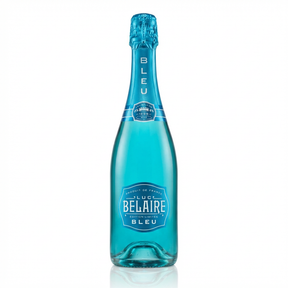 Luc Belaire Bleu Édition Limitée sparkling wine bottle with turquoise blue glass, textured blue foil neck, and ornate blue label against a clean white background