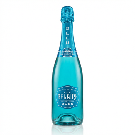 Luc Belaire Bleu Édition Limitée sparkling wine bottle with turquoise blue glass, textured blue foil neck, and ornate blue label against a clean white background