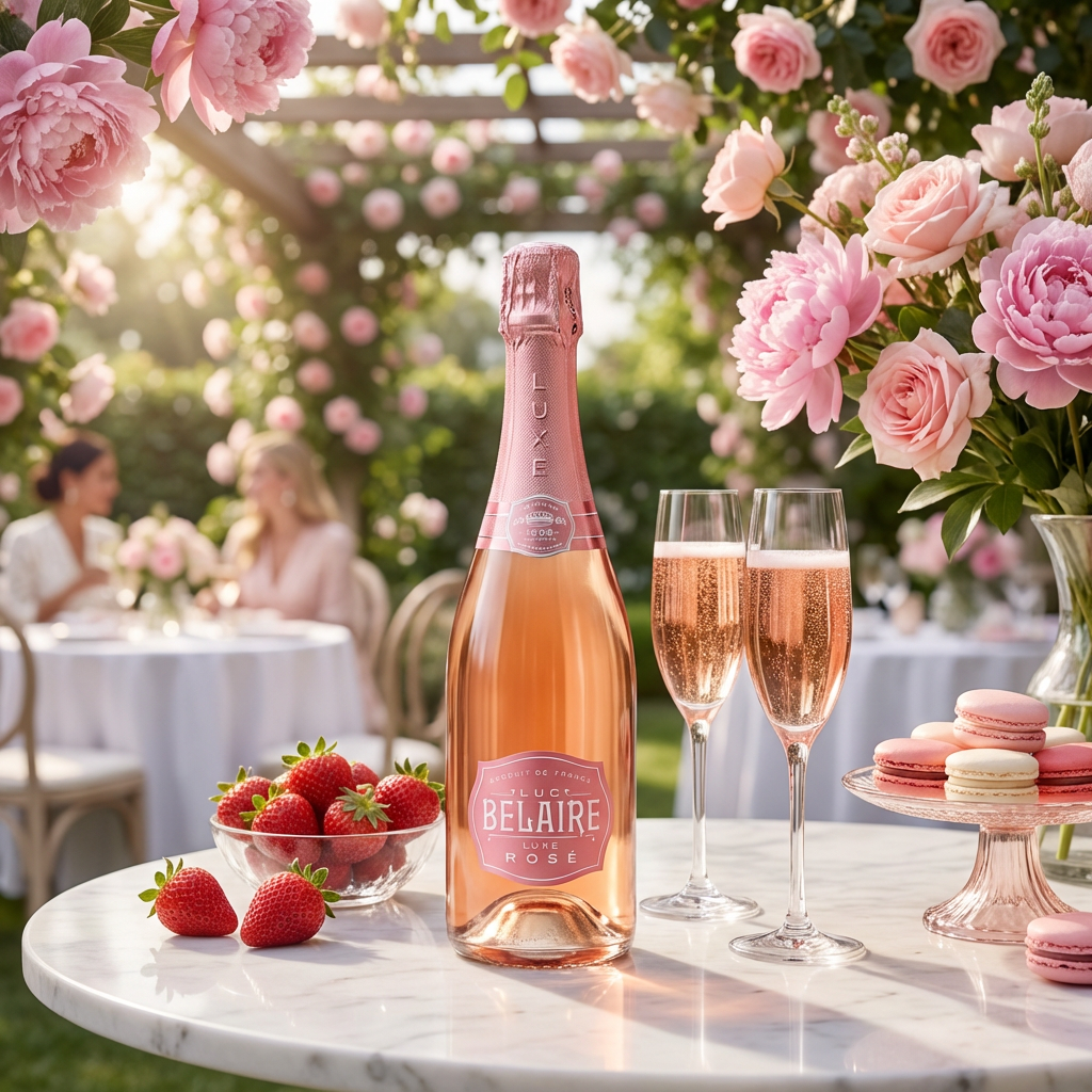 Luc Belaire Luxe Rosé sparkling wine bottle in a glamorous brunch setting with champagne flutes, strawberries, and fresh flowers