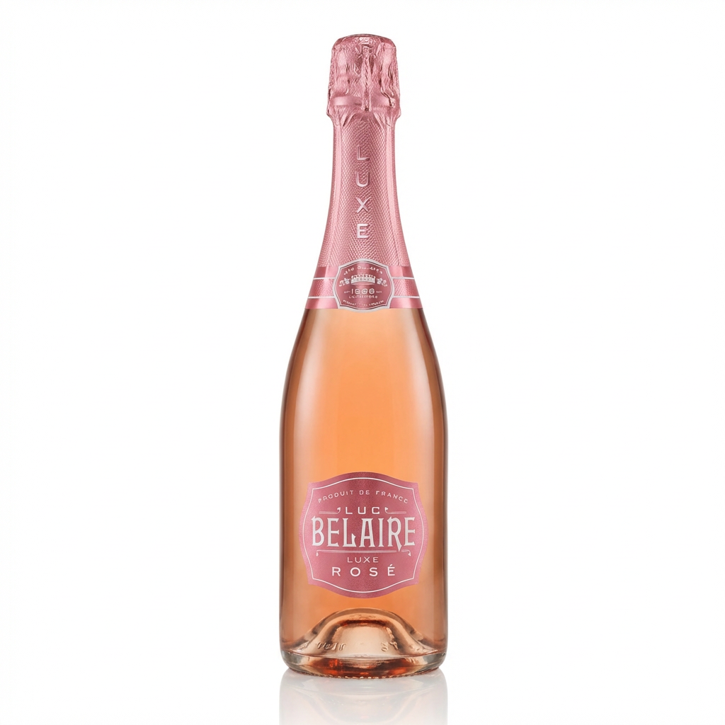 Luc Belaire Luxe Rosé sparkling wine bottle with translucent blush pink glass, textured pink foil neck, and elegant pink label against a clean white background