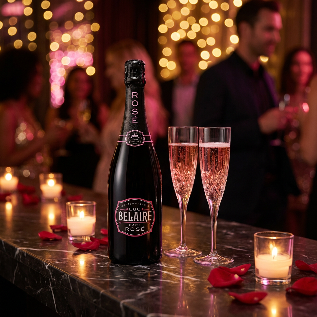 Luc Belaire Rare Rosé sparkling wine bottle in a romantic evening setting with champagne flutes and candlelit ambiance