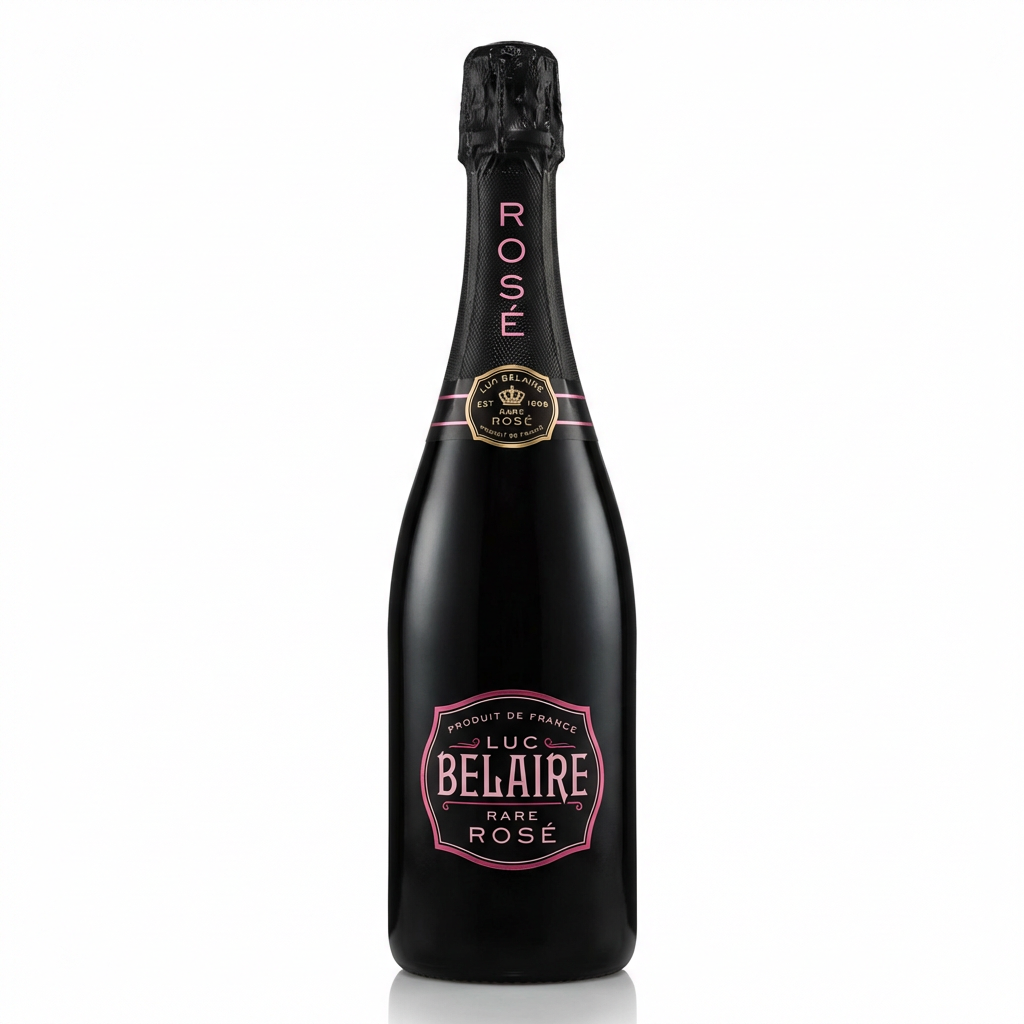 Luc Belaire Rare Rosé sparkling wine bottle with sleek black glass, pink stripe bands, and ornate shield-shaped label against a clean white background