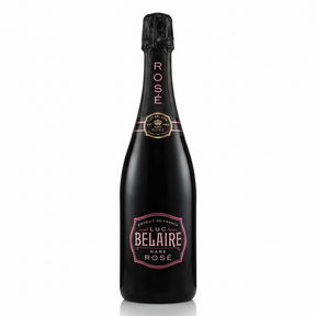 Luc Belaire Rare Rosé sparkling wine bottle with sleek black glass, pink stripe bands, and ornate shield-shaped label against a clean white background