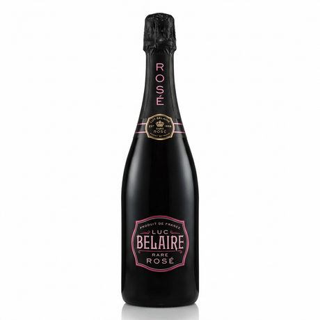 Luc Belaire Rare Rosé sparkling wine bottle with sleek black glass, pink stripe bands, and ornate shield-shaped label against a clean white background