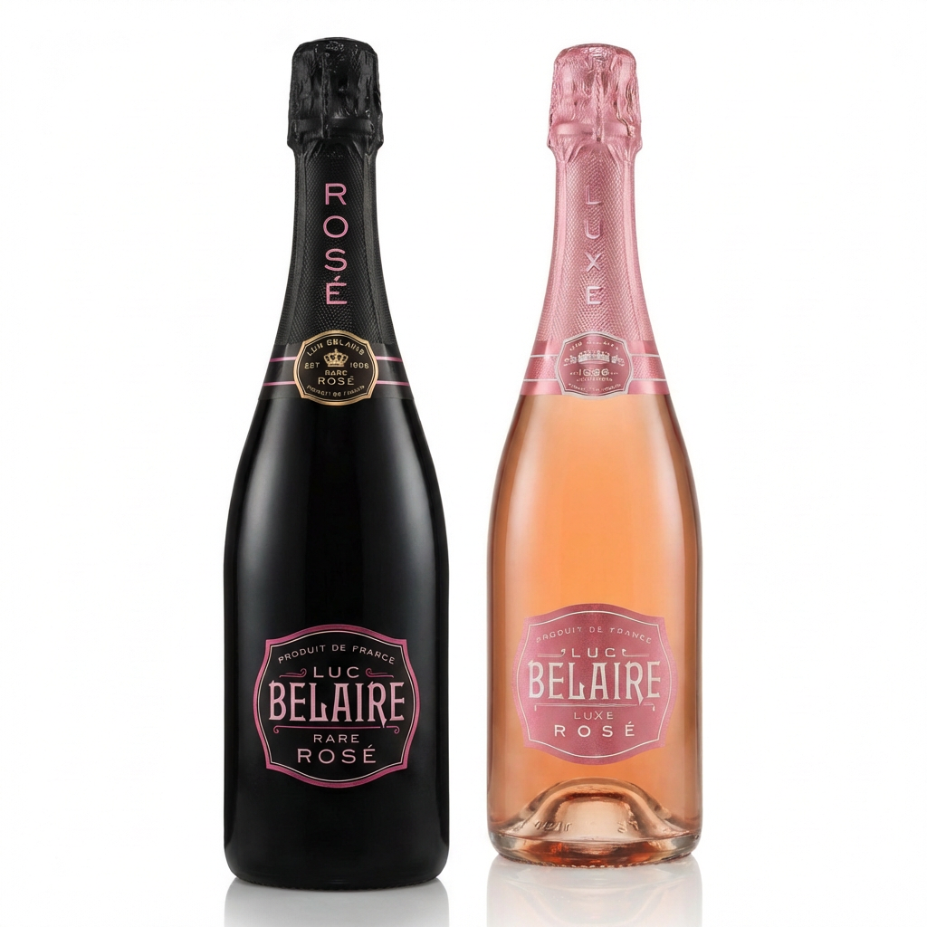Luc Belaire Rosé Party Pack featuring Rare Rosé black bottle and Luxe Rosé pink bottle side by side against a white background