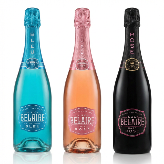 Luc Belaire Sparkling Wine Trio featuring three 750ml bottles from Provence-Alpes-Côte d'Azur France: Luc Belaire Luxe Rosé in deep pink, Luc Belaire Rare Rosé in salmon pink, and Luc Belaire Edition Limitée Bleu in sapphire blue