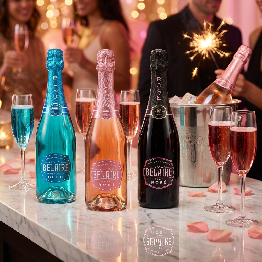 Luc Belaire sparkling wine trio collection displayed in a glamorous celebration setting with champagne flutes and warm ambient lighting