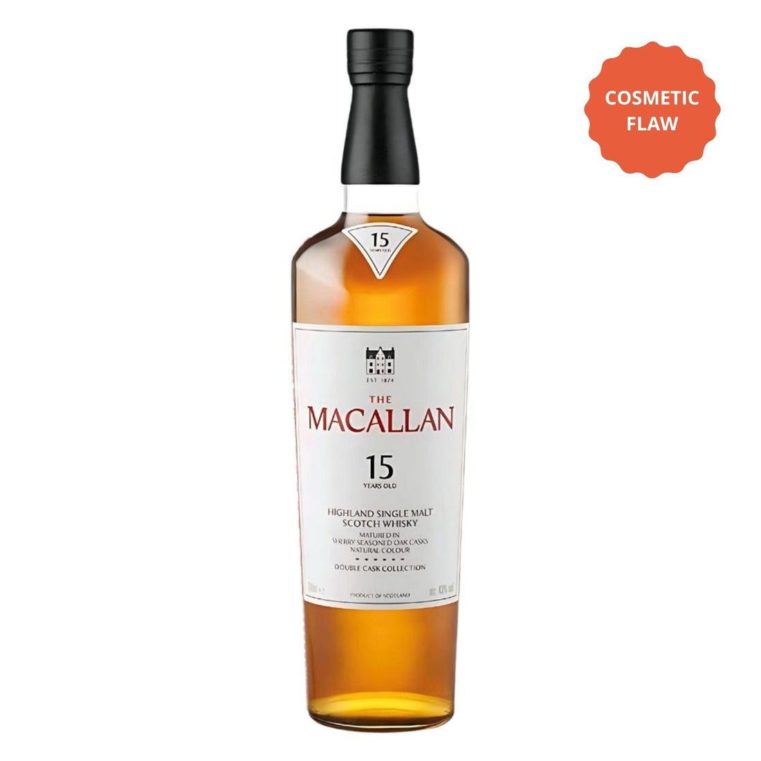 The Macallan 15 Year Double Oak Single Malt Scotch Whisky 750ml cosmetic flaw blooper bottle deal, sherry cask aged in American and European oak from Speyside Scotland