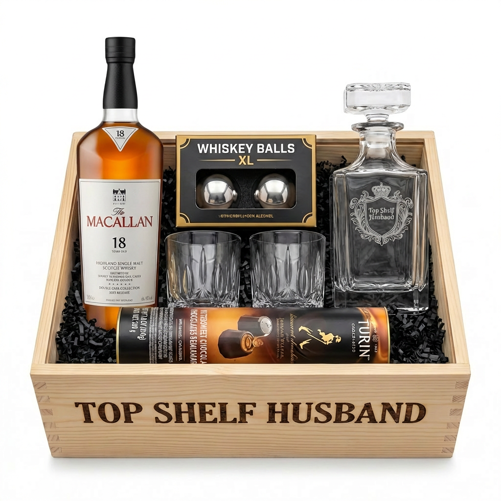 The Macallan 18 Year Double Cask Single Malt Scotch Whisky "Top Shelf Husband" Gift Crate featuring engraved decanter, two crystal-cut old-fashioned glasses, stainless-steel whiskey balls with freezer tray, and Turin liquor-filled chocolates in an engraved wooden crate