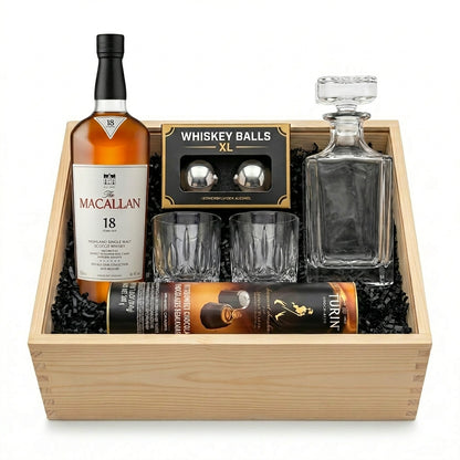 The Macallan 18 Year Double Cask Scotch Whisky Executive Gift Crate with engravable decanter, crystal glasses, whiskey balls, chocolates, and wooden gift crate