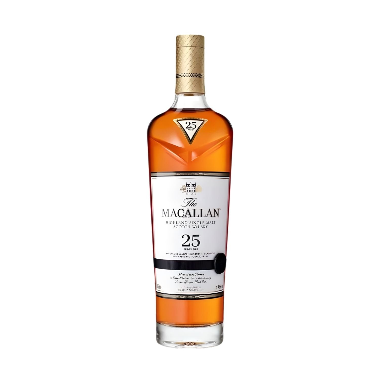 The Macallan 25 Year Highland Single Malt Scotch Whisky 750ml bottle on white background – premium aged scotch from Speyside