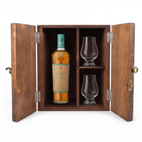 The Macallan Harmony Collection Phoenix Honey Orchid Tea 750ml in a wooden gift box with 2 Glencairn glasses