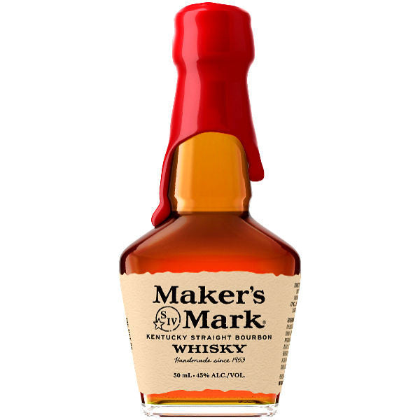 Maker's Mark Kentucky Straight Bourbon Whisky bottle with red cap on a white background