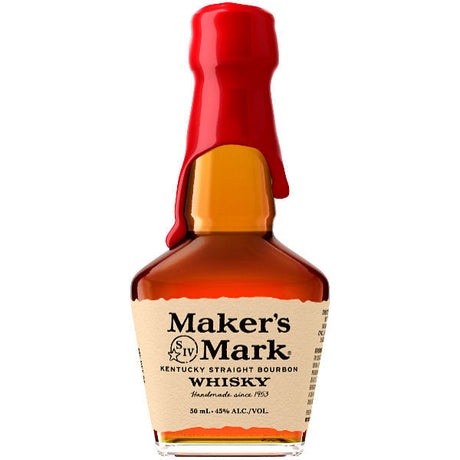 Maker's Mark Kentucky Straight Bourbon Whisky bottle with red cap on a white background