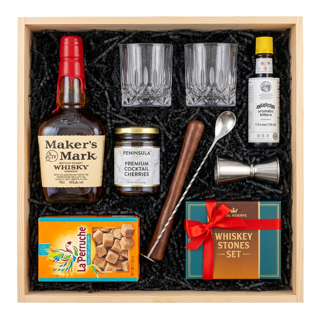Maker's Mark Old-Fashioned cocktail gift crate with Maker's Mark bourbon with red wax seal, crystal-cut old fashioned glasses, Angostura bitters, premium muddler, bar spoon, jigger, Peninsula cocktail cherries, La Perruche sugar cubes, and Royal Reserve whiskey stones set all nestled in black zigzag crinkle paper inside wooden crate on white background