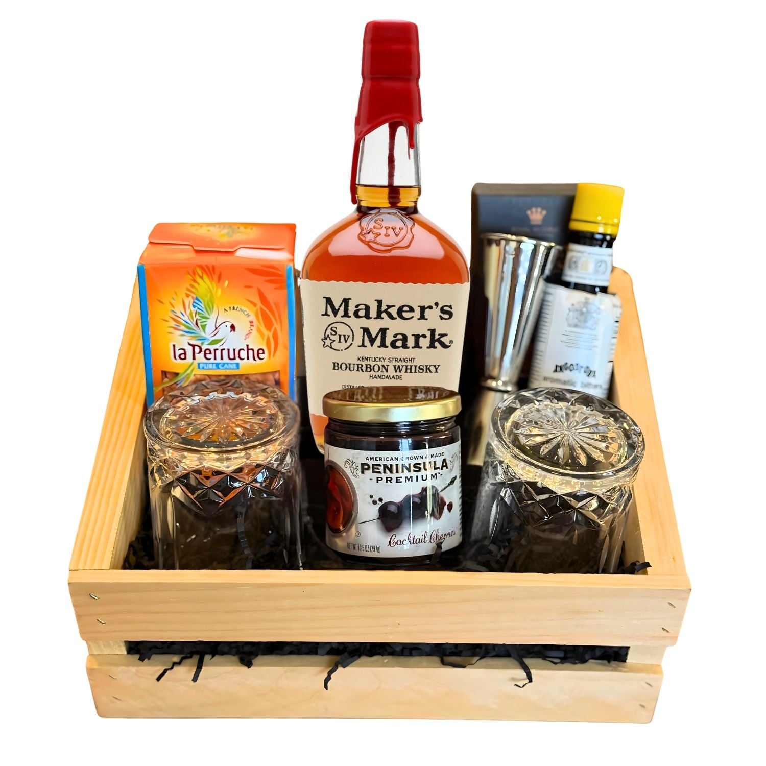 Maker’s Mark Old Fashioned Gift Crate with bourbon, bitters, sugar cubes, cherries, and engravable glasses – available at Total Bourbon