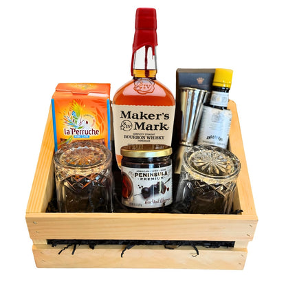Maker’s Mark Old Fashioned Gift Crate with bourbon, bitters, sugar cubes, cherries, and engravable glasses – available at Total Bourbon