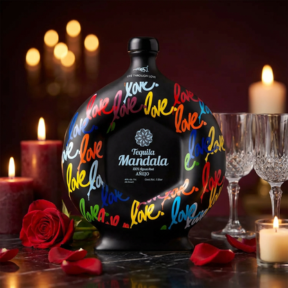 Mándala Love Añejo Tequila 1L bottle with colorful "Love" graffiti design displayed on dark marble with red rose petals, crystal tequila glasses, and warm candlelight for Valentine&