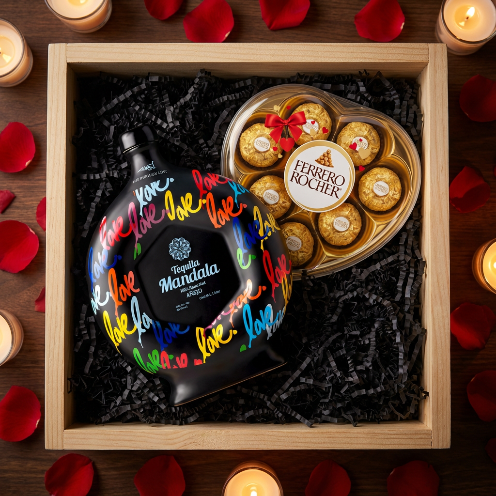Gift crate with Mándala Love Añejo Tequila bottle featuring colorful love graffiti and heart-shaped Ferrero Rocher chocolate box nestled in black crinkle paper with red rose petals