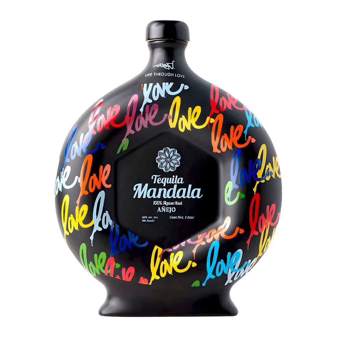 Mándala Love Añejo Tequila 1L black ceramic decanter with colorful love script designed by Ruben Rojas, 24-month sherry cask aged premium tequila from Jalisco Mexico