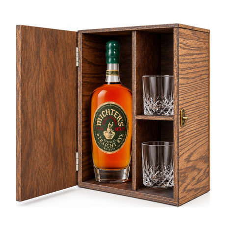 Michter's 10 Year Single Barrel Rye Gift Set, Wooden Box & 2 Glasses 750ml – wooden gift box with 2 crystal glasses