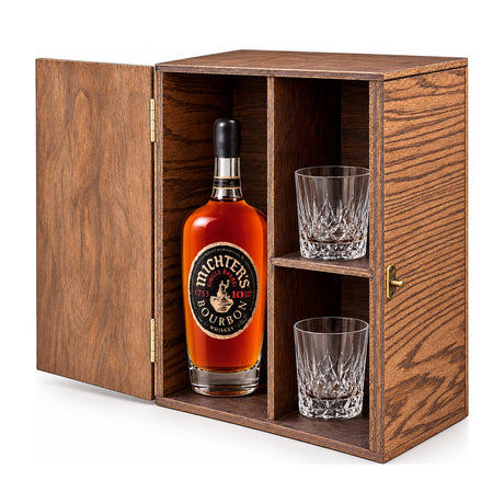Michter's 10 Year Single Barrel Wooden Gift Box & 2 Crystal Glasses – wooden gift box with 2 crystal glasses