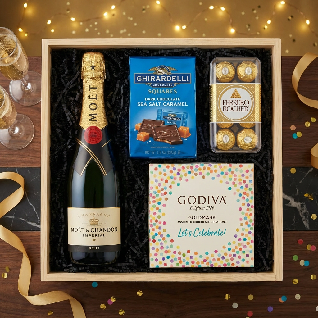 Moët &amp; Chandon Impérial Brut Champagne gift crate with gold foil neck and red wax seal, Ghirardelli Dark Chocolate Sea Salt Caramel squares, Godiva Let&
