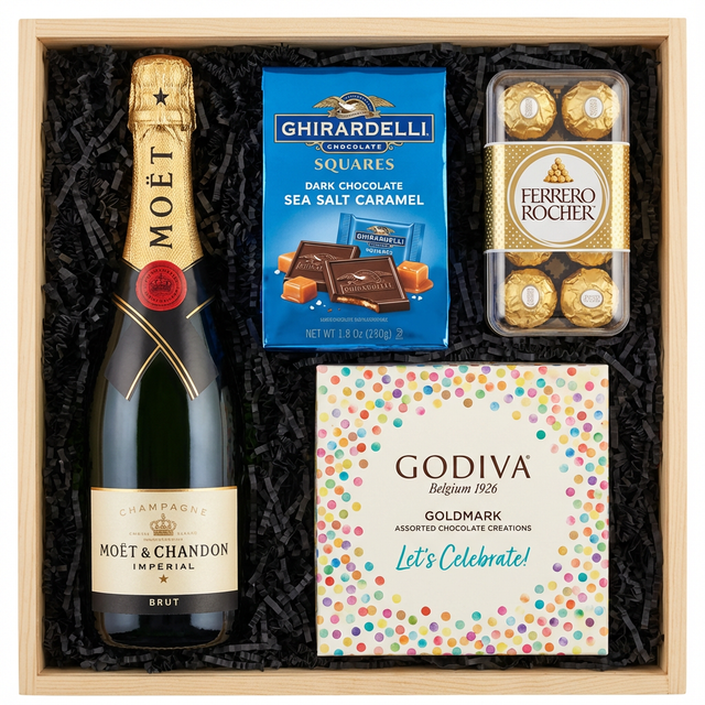 Moët & Chandon Impérial Brut Champagne gift crate with gold foil neck and red wax seal, Ghirardelli Dark Chocolate Sea Salt Caramel squares, Godiva Let's Celebrate chocolate box, and Ferrero Rocher chocolates in black crinkle paper on white background