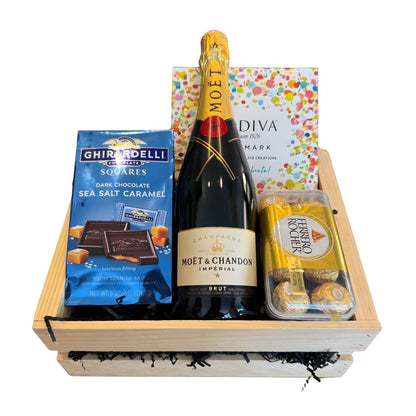 Moët &amp; Chandon Impérial Brut Champagne gift crate with Ghirardelli Sea Salt Caramel Squares, Godiva Let&