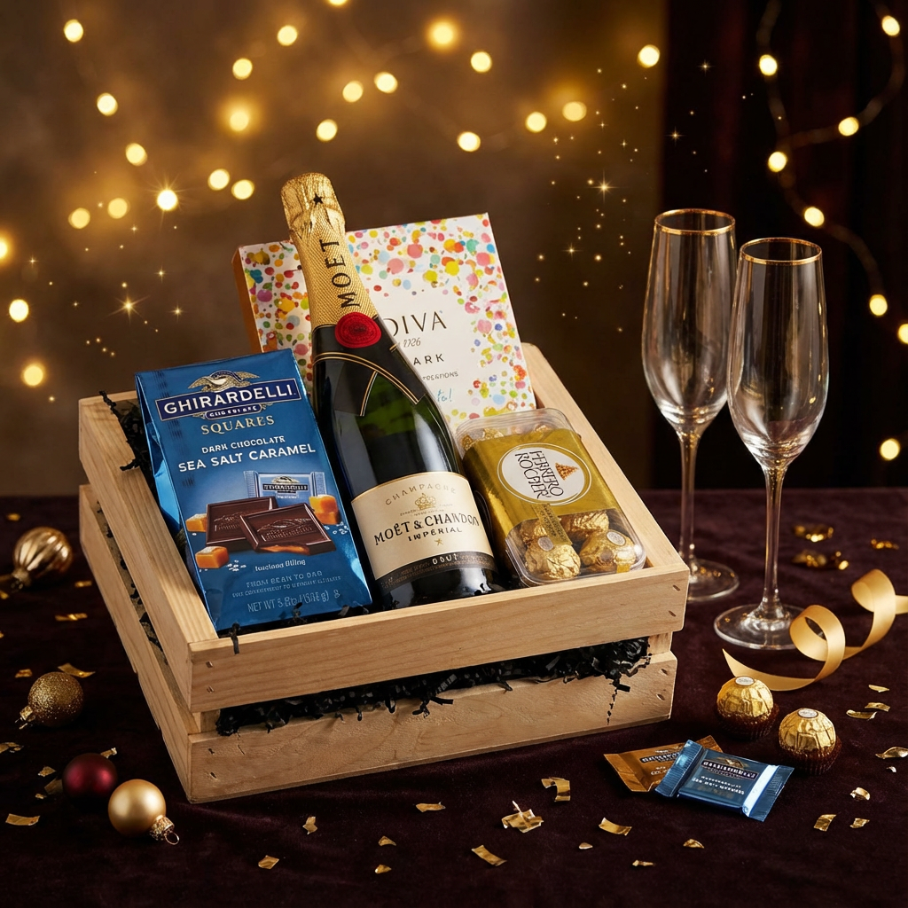 Moët &amp; Chandon Impérial Brut Champagne gift crate with Ghirardelli Sea Salt Caramel chocolates, Godiva celebration box, and Ferrero Rocher displayed with festive gold bokeh lights and celebratory holiday decor