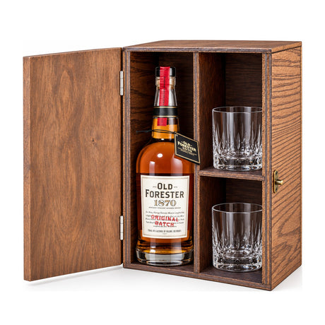 Old Forester 1870 Original Batch Wooden Gift Box & 2 Glasses – wooden gift box with 2 crystal glasses