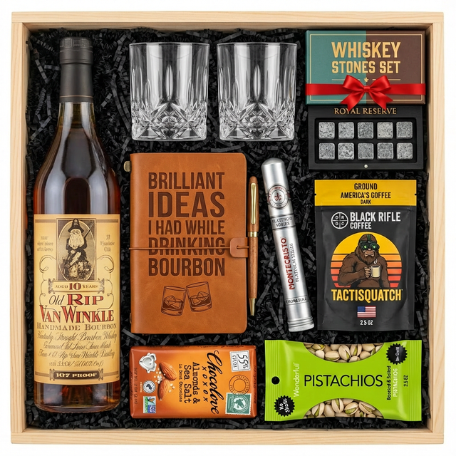 Old Rip Van Winkle 10 Year 107 Proof Top Shelf gift crate with tan vintage label and Rip Van Winkle character illustration, crystal-cut old fashioned glasses, Royal Reserve whiskey stones set with tray, faux-leather bourbon journal and pen set, Montecristo Platinum cigar tube, Black Rifle Coffee Tactisquatch blend, Chocolove Almonds & Sea Salt dark chocolate bar, and Wonderful Pistachios all nestled in black zigzag crinkle paper inside wooden crate on white background